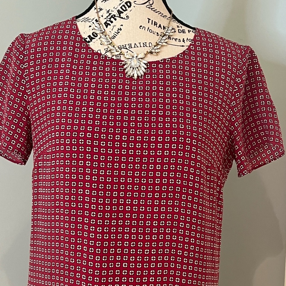 Madewell Silk Ascot Tile Maroon Red white short sleeve Drop Waist dress | Size 0 - Picture 6 of 14